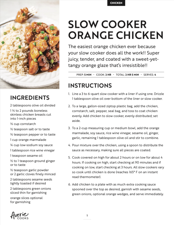 A recipe card for Slow Cooker Orange Chicken showing ingredients on the left and step-by-step instructions on the right. The card emphasizes the simplicity of using a slow cooker for this dish.